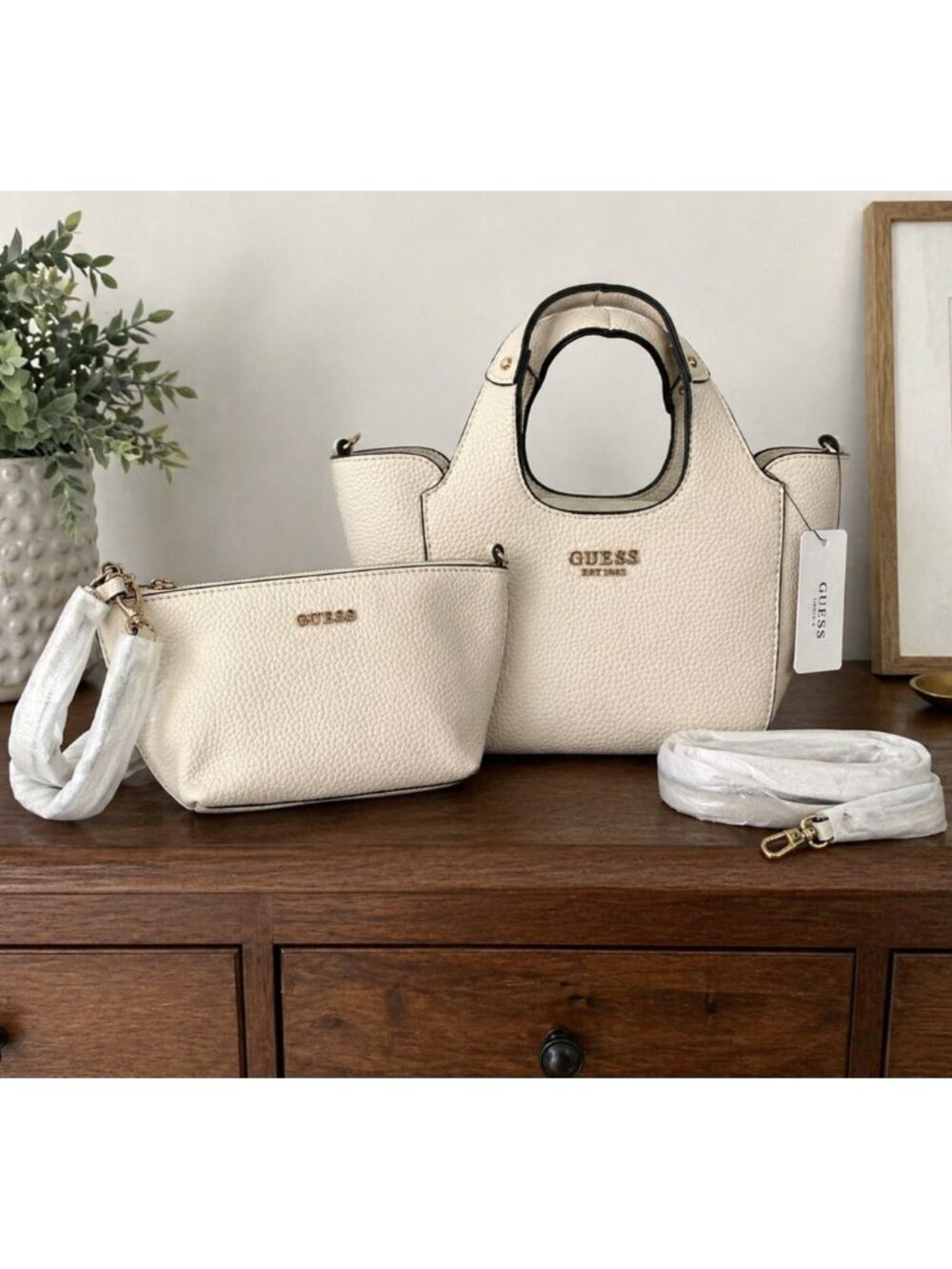 Guess Bone Pebbled Tote Bag Set w/ Pouch & Strap Gold Hardware NWT
